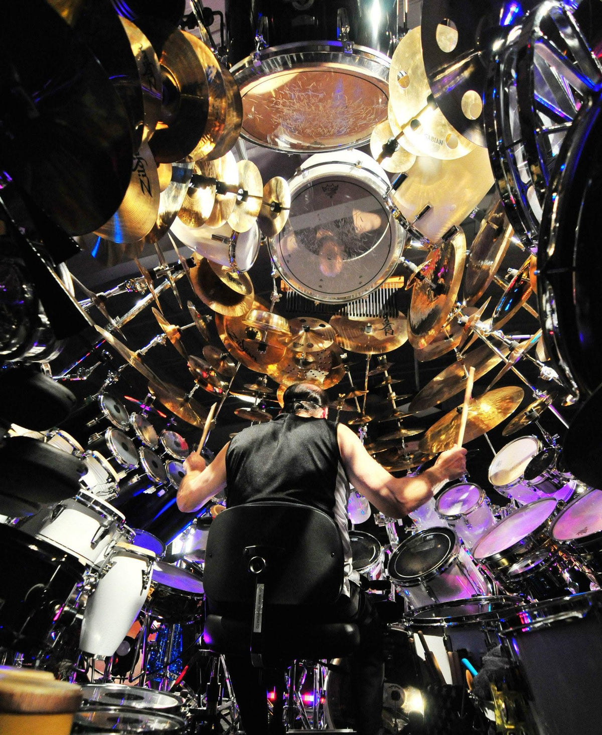 The enormous multi-piece drum set at the event