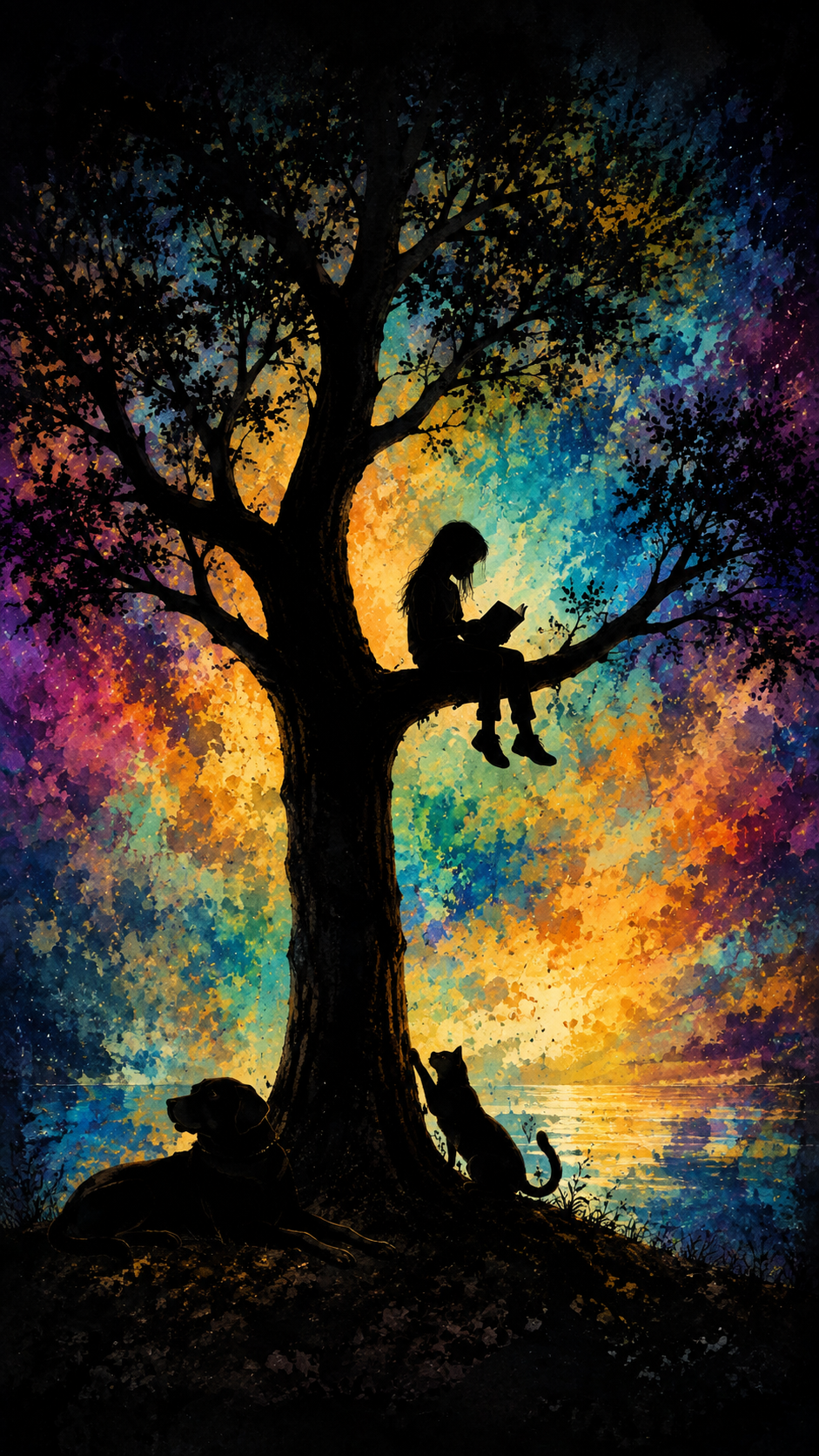 A child reading in a tree with a dog and cat beneath a colorful imaginative sky