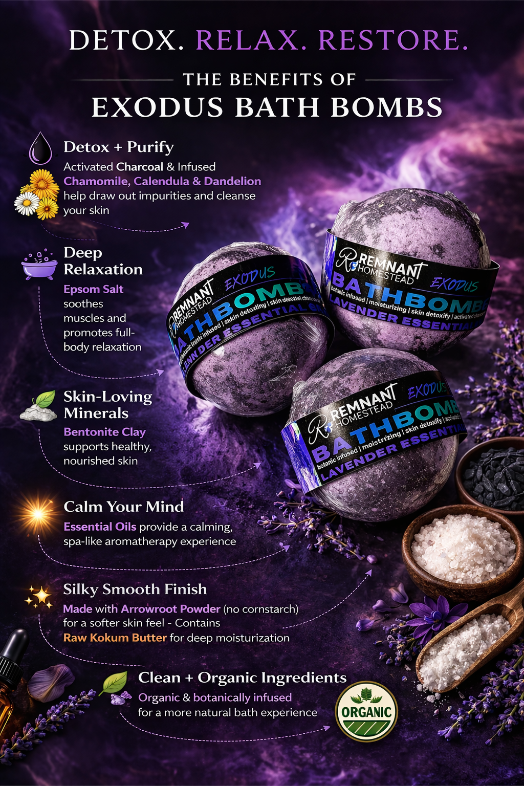 EXODUS Lavender (Charcoal) Detox Botanic Bath Bombs & Domes | Chamomile Calendula Dandelion | Clay | Activated Charcoal